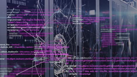 animation of computer language over connected dots forming globe against server room