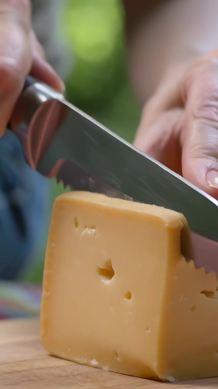 Video verticale: Mani che iniziano a tagliare con un coltello seghettato che tocca formaggio semiduro su un tagliere.