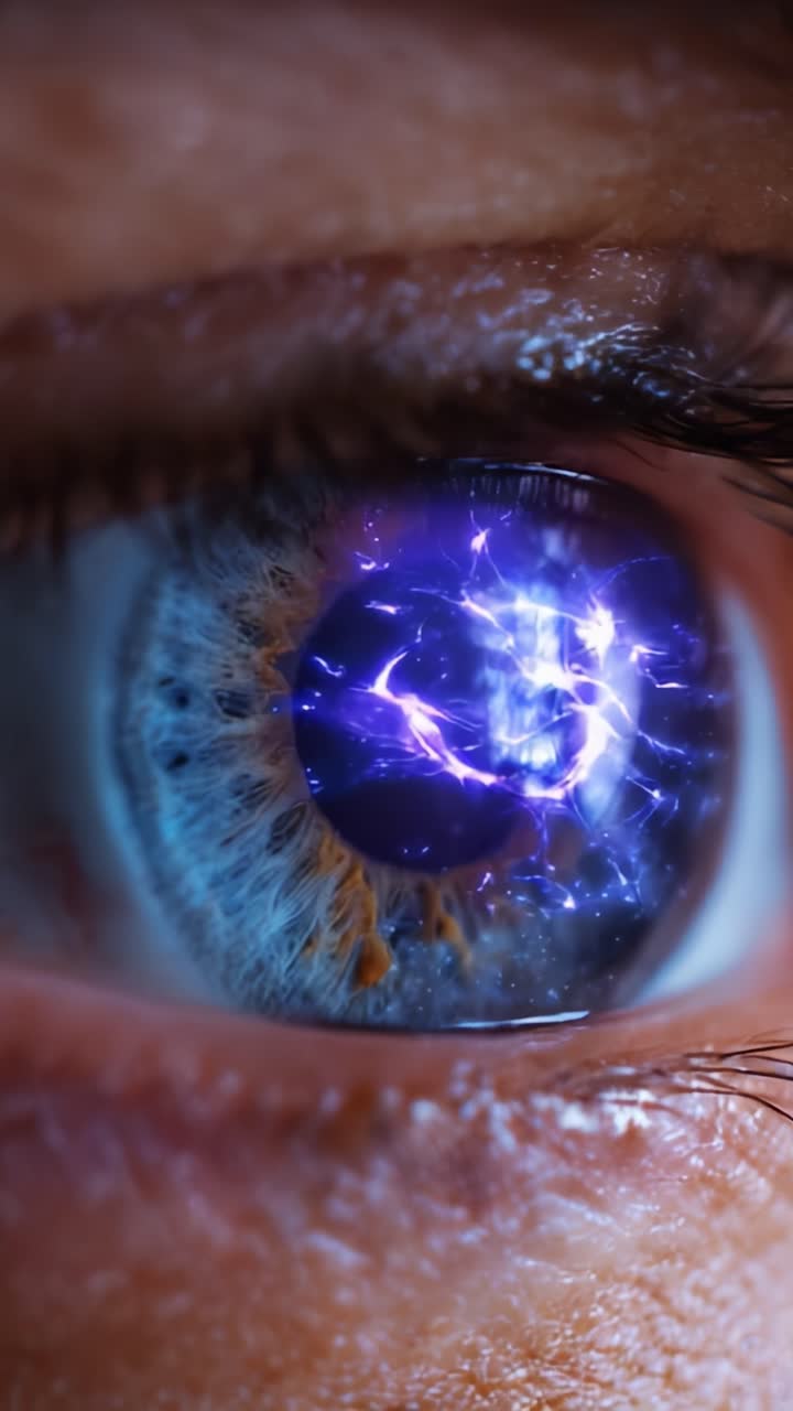 Un primo piano accattivante di un occhio che rivela dettagli intricati e motivi elettrici all'interno dell'iride, catturando la meraviglia della bellezza naturale e surreale in un singolo momento