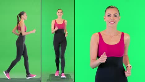 sonriendo y hablando mujer deportiva corriendo en una pantalla verde, clave de croma