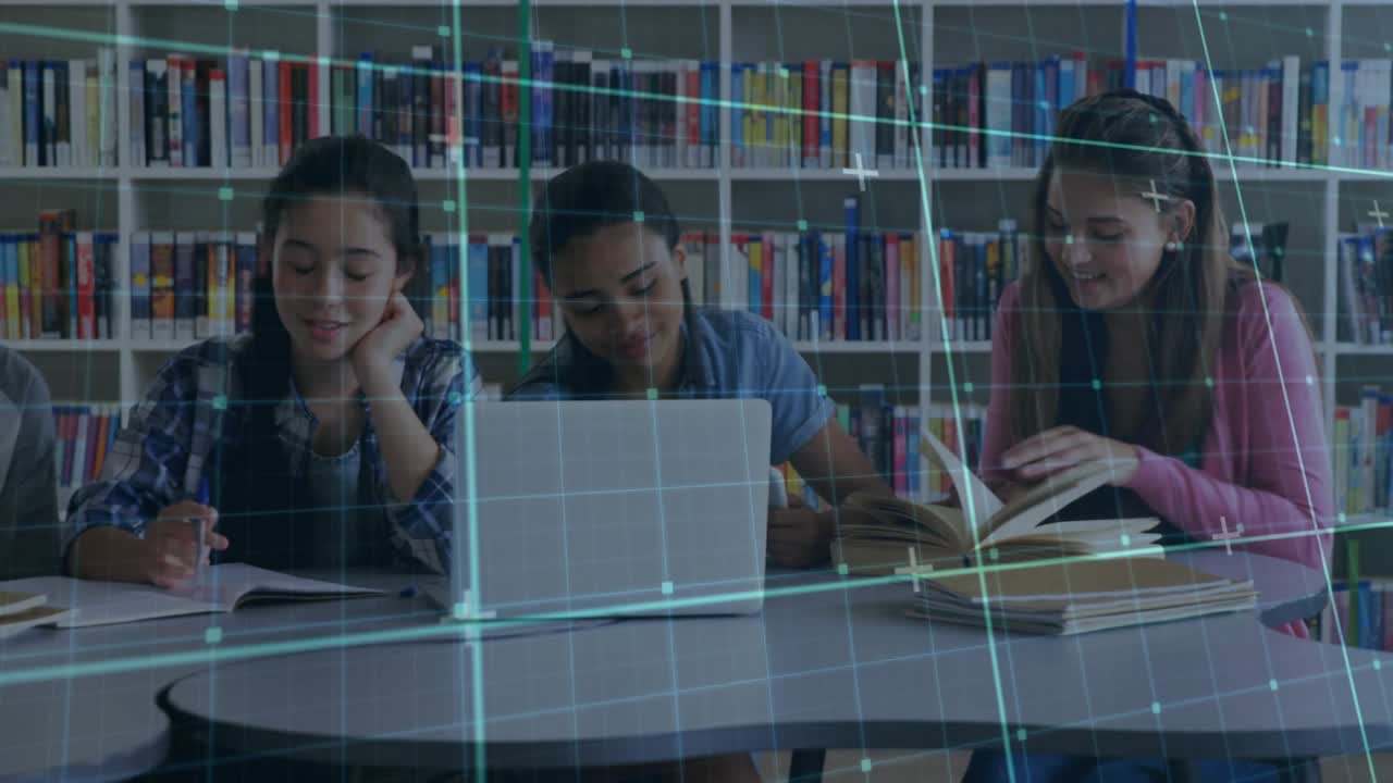 Students placing red binder on library table, opening yellow pages in education and jotting notes
