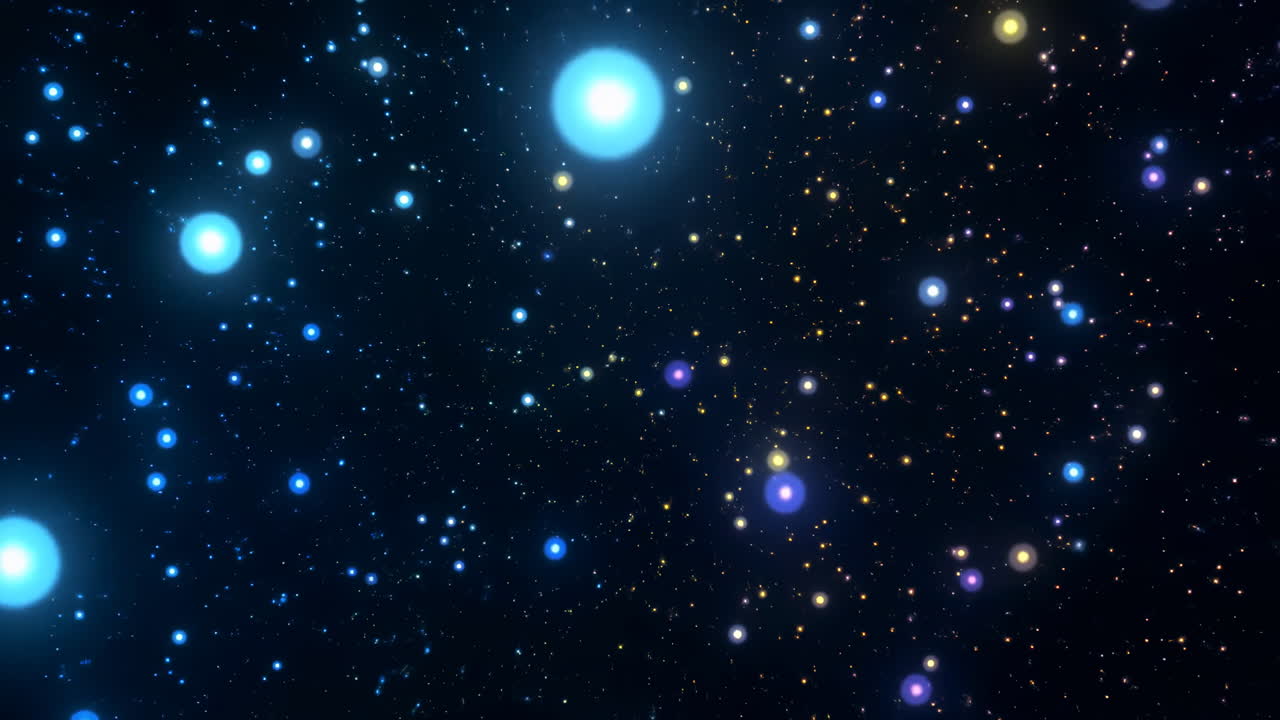 Glitrende blå stjernehimmel med fjerne galakser og flerfarget stjernelys, der sakte parallakse skaper dybde