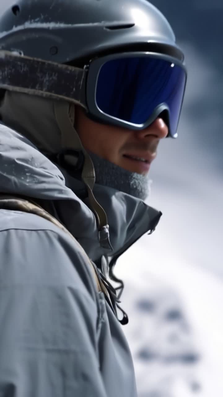 Una cima innevata incombe dietro l'alpinista. Gli occhiali da sci con lenti blu riflettono il cielo gelido. Una corda arrotolata pende dal grosso zaino. L'alpinista guarda in alto con tranquilla determinazione. Ideale per l'avventura, gli sport invernali.