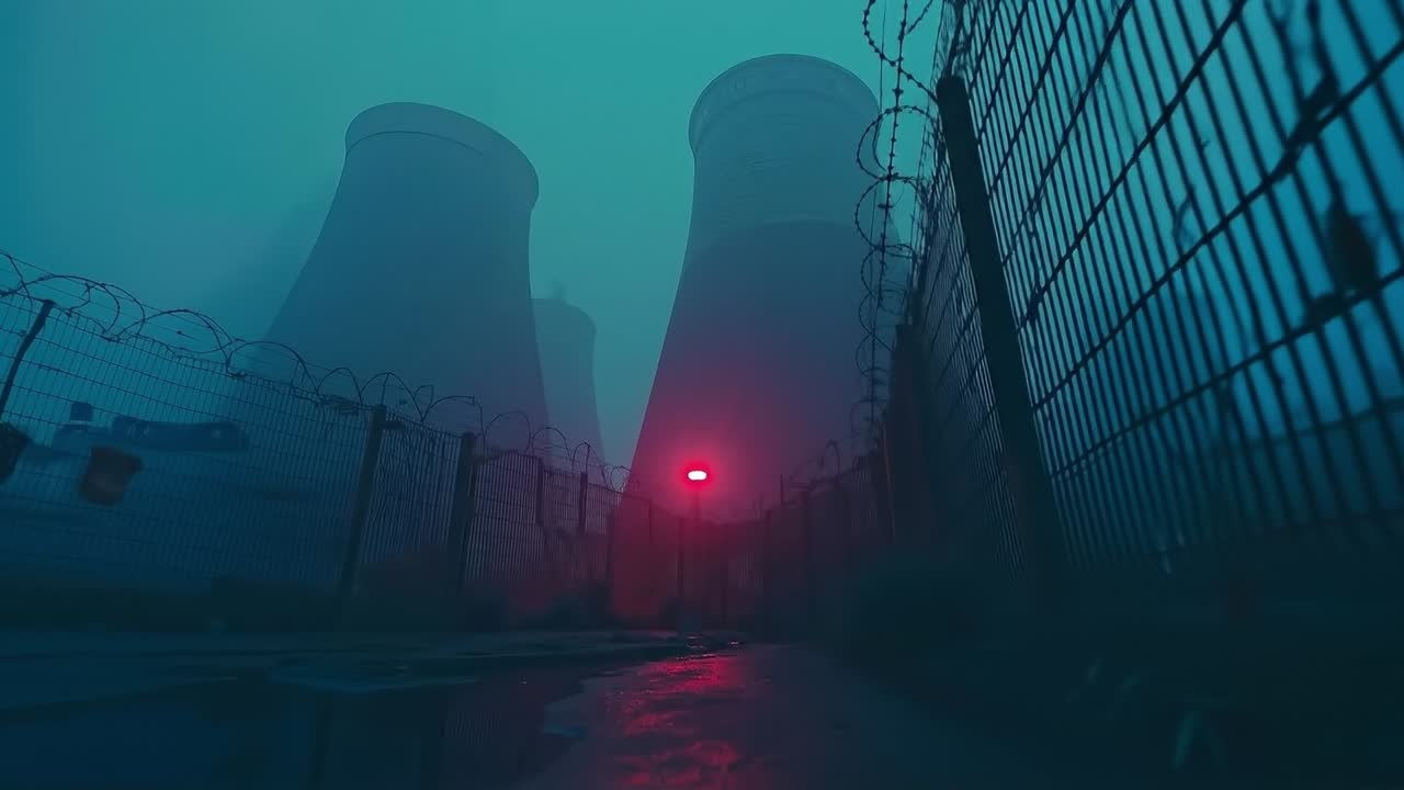 A nuclear power plant with a red light in the middle of it