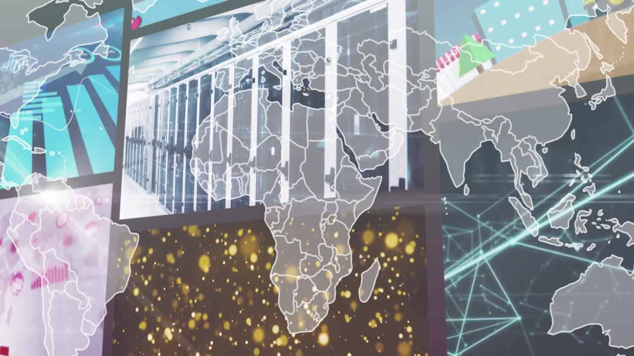 Animation of glowing data points over world map in server room with connections
