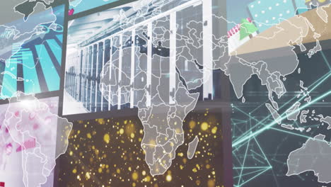 animation of glowing data points over world map in server room with connections