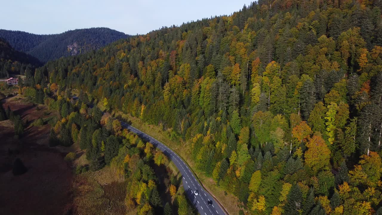 hermosa vista aérea de una carretera de montaña rodeada de bosques de follaje de otoño durante la temporada de otoño