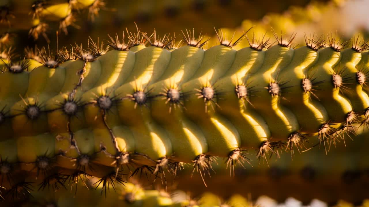 Inquadratura macro ravvicinata di un cactus colonnare che mostra dettagli alla luce del giardino, rivelando areole e spine