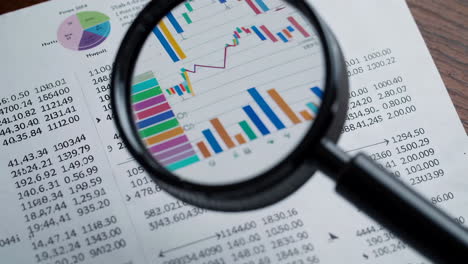 magnifying glass on financial documents with charts