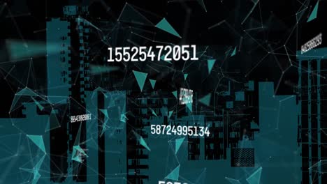 animación del procesamiento de datos con red de conexiones y paisaje urbano sobre fondo negro.