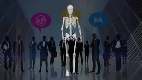 Animation-of-human-skeleton-and-businesspeople-silhouettes-over-servers
