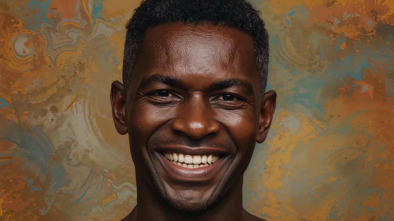 Smiling man deepening smile while camera rolling for portrait session, marbled backdrop and lights