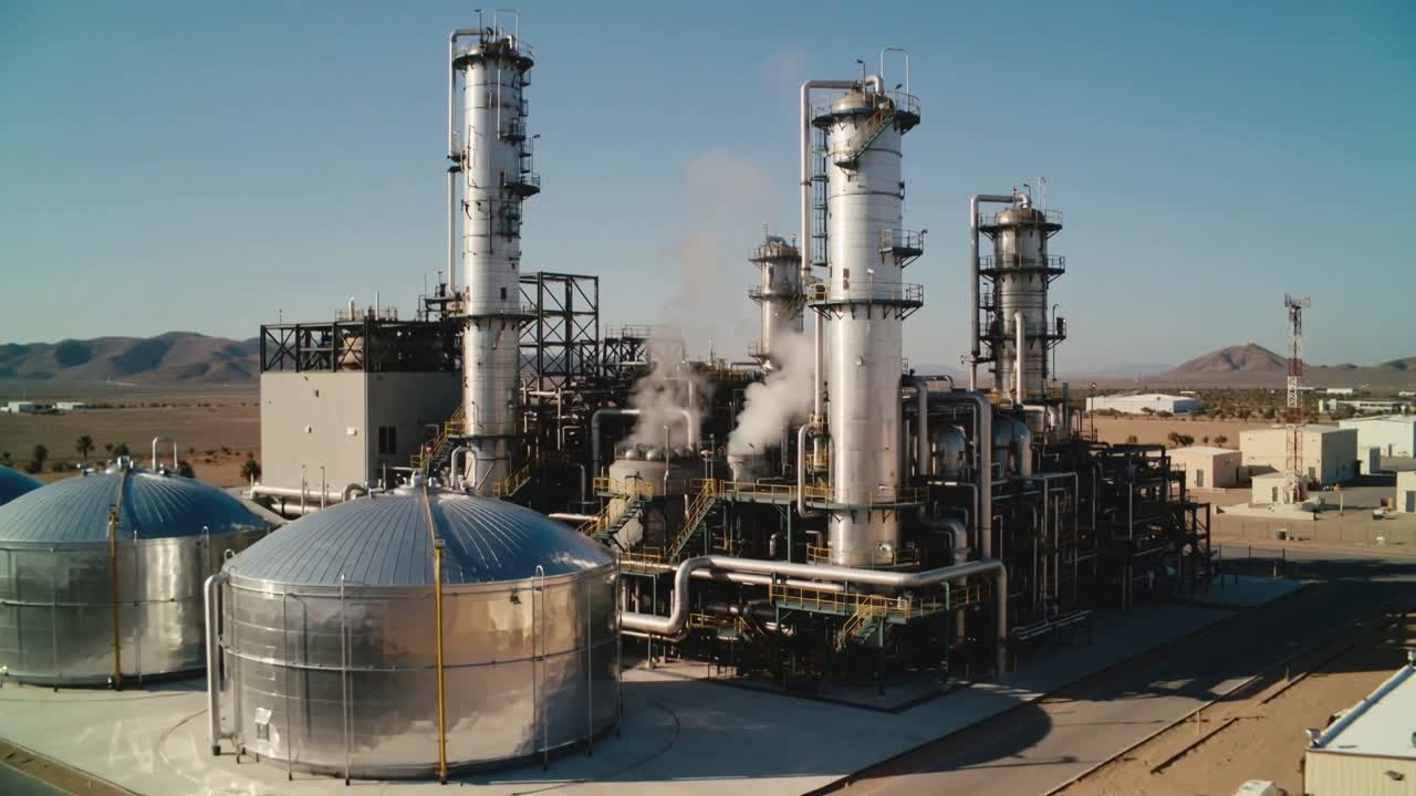 Panning drone revealing processing plant at desert basin, domed tanks, towers and steam for survey