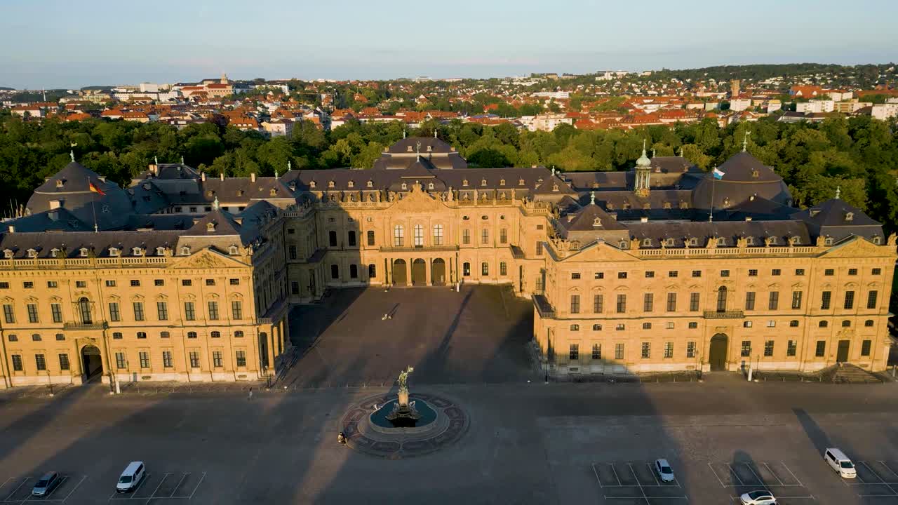 4K Aerial Drone Video of the Franconia Fountain in front of the Historic Residence Palace in Würzburg, Germany