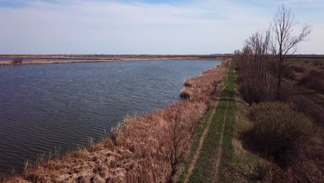 Panoramic-aerial-view-above-water-fields,-on-a-sunny-day