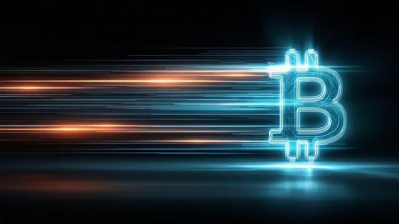 Rappresentazione dinamica di criptovaluta: logo Bitcoin digitale in movimento accelerato con una futuristica luminosità che evidenzia l'evoluzione della finanza digitale