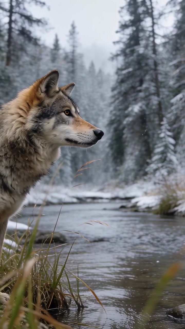 Vertical video: Scent on mist alerting wolf raising nose, tracking snow bank and stream, copy space