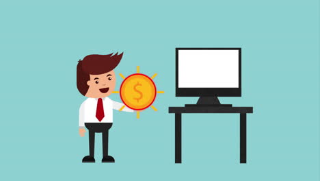 businessman holding money icon next to computer