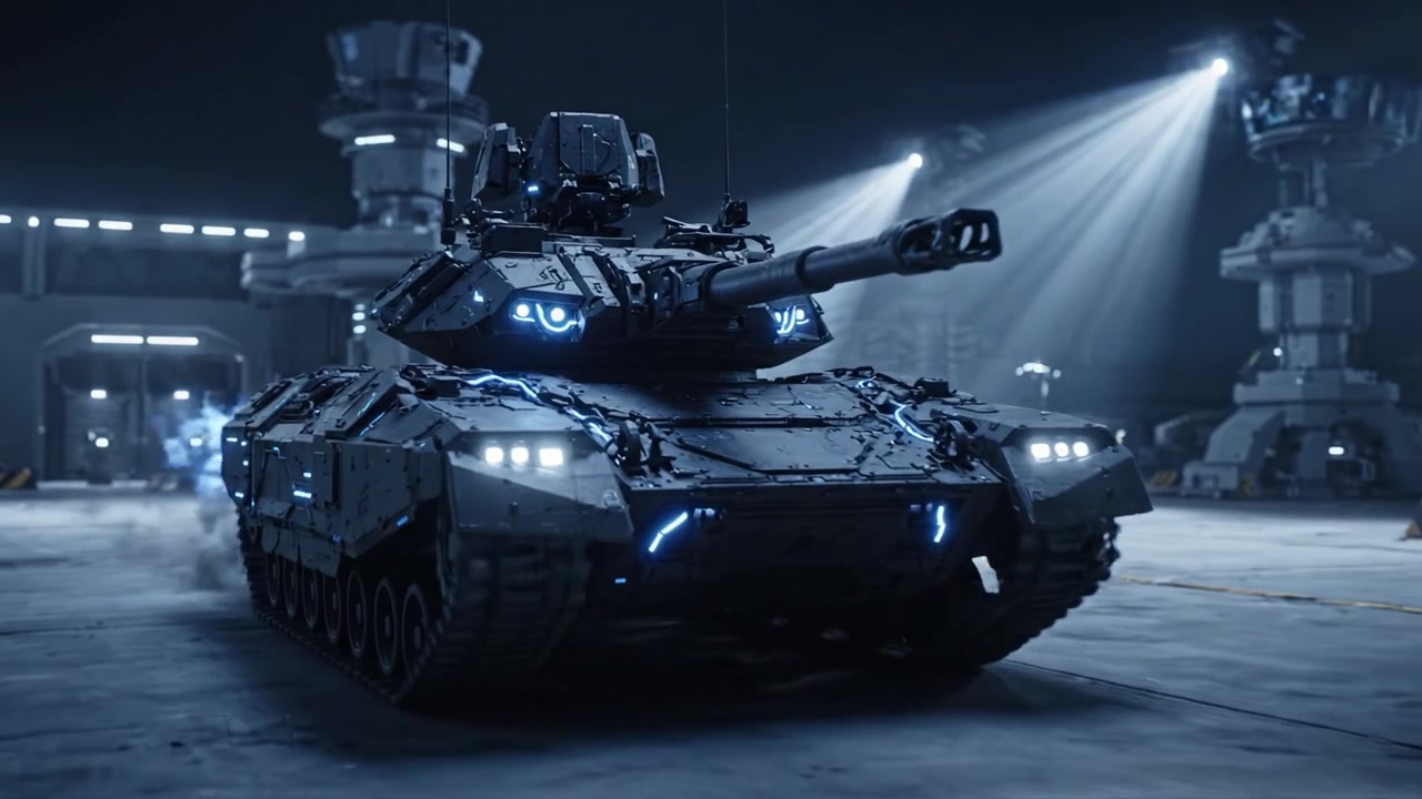 Design futuristico di carro armato presentato in un ambiente high-tech con illuminazione e dettagli mozzafiato, che cattura la potenza e l'innovazione dei moderni veicoli corazzati.
