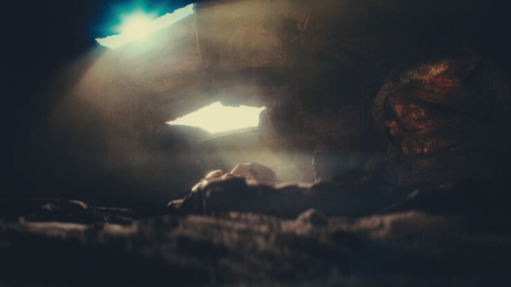 A head of the giant ancient deity statue hidden in a cave