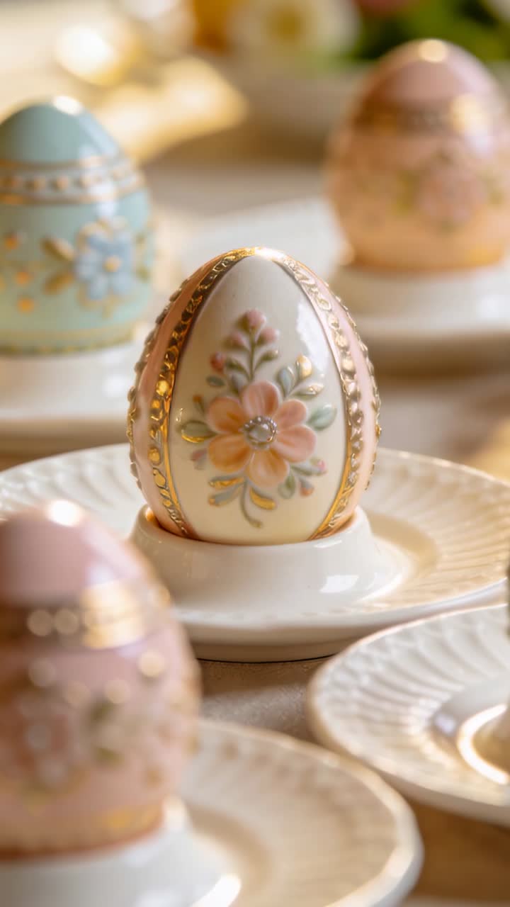 Vertical video: Moving camera pulling focus and zooming at dining table, showing porcelain egg trim