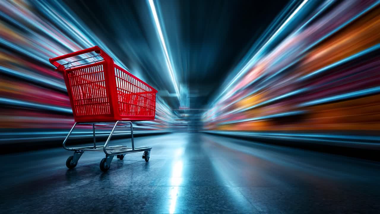 A vibrant red shopping cart stands alone in a futuristic supermarket aisle, illuminated by dynamic lights, creating a sense of speed and motion in a modern retail environment