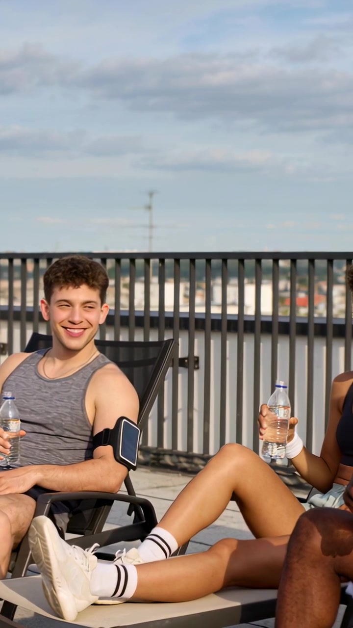 Wideo pionowe: Pijący wodę po treningu, mężczyzna w podkoszulku i kobieta w biustonoszu sportowym odpoczywający na dachu