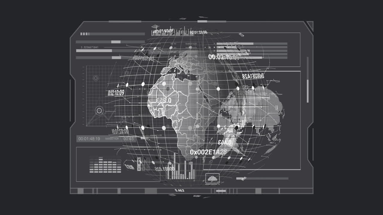 Global data visualization animation over rotating digital world map with grids and charts