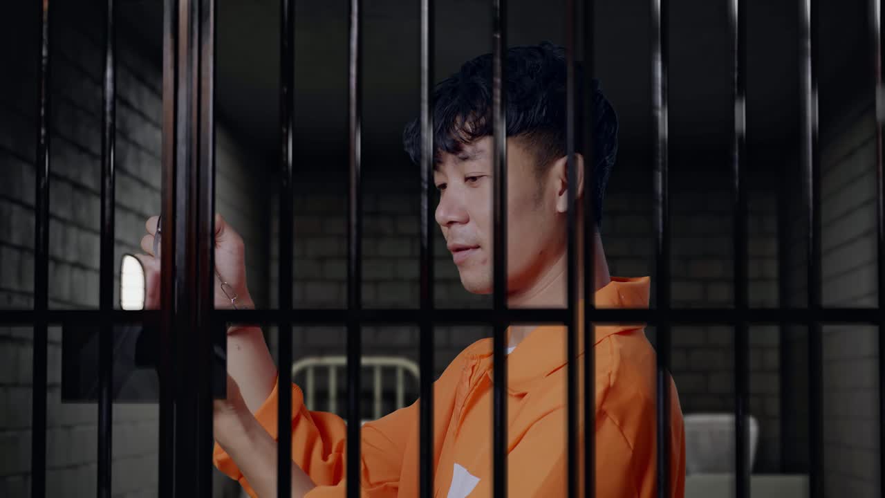 มุมมองด้านข้างระยะใกล้ของนักโทษชายชาวเอเชียพร้อมกุญแจมือที่หัก ตะโกนฉลองความสำเร็จขณะยืนอยู่ในคุก