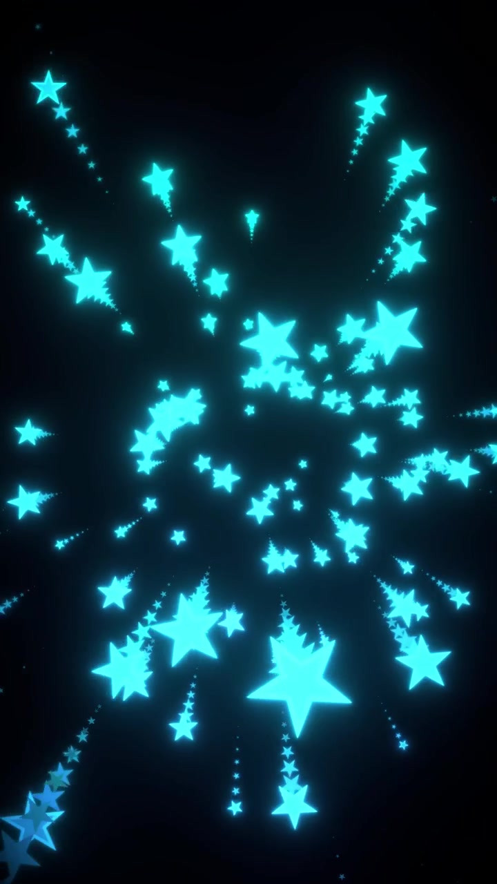 Estrelas ciano luminosas movem-se em direção à câmera com rastros de luz contra um fundo preto.