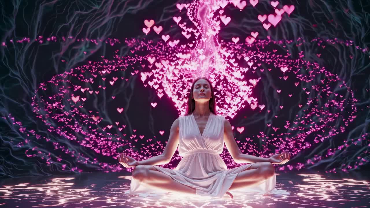 Peaceful female practitioner sitting cross legged, radiating luminous pink energy and transcendent spiritual vibration around meditative posture