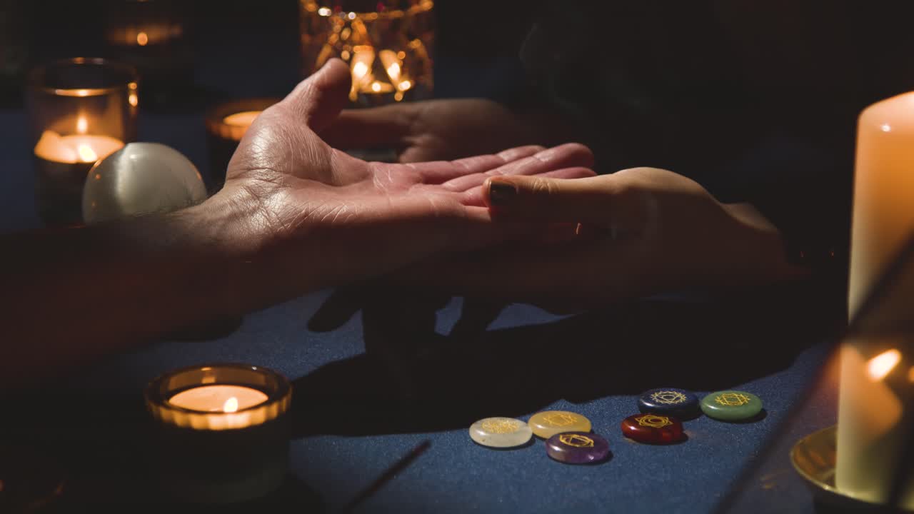 Close Up Of Woman Reading Man's Palm On Candlelit Table