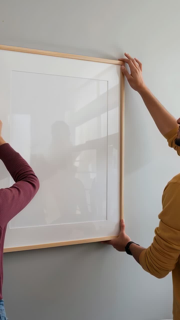Video verticale: Inquadratura accattivante, due persone in senape color marrone che allineano l'inquadratura in casa con vetro bianco opaco