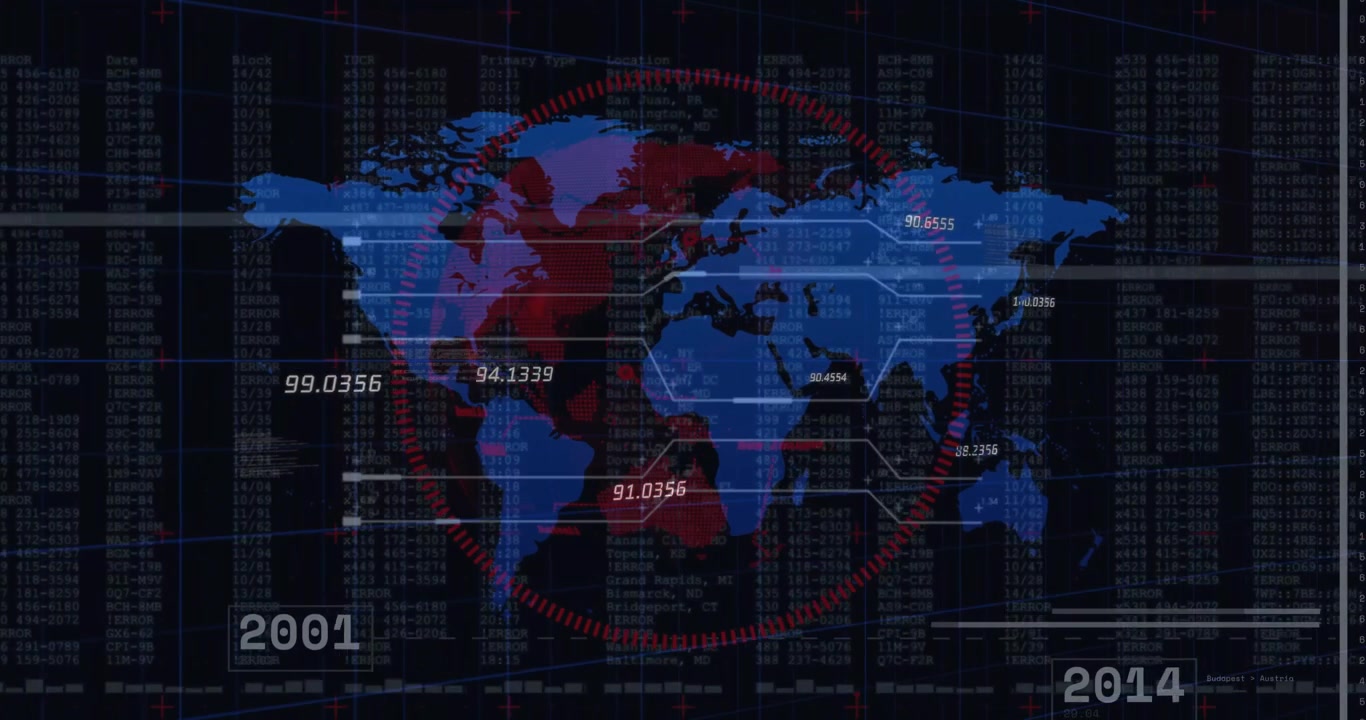 Stylized world map displaying virtual data overlay, showing code columns and segmented red gauge