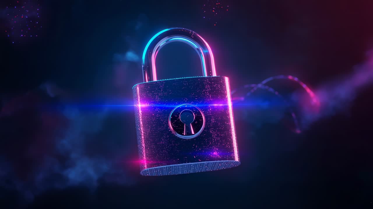 Neon beam slicing metal padlock rotating clockwise in digital mist with particles, showing security