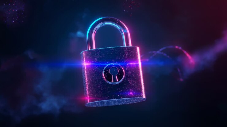 Neon beam slicing metal padlock rotating clockwise in digital mist with particles, showing security