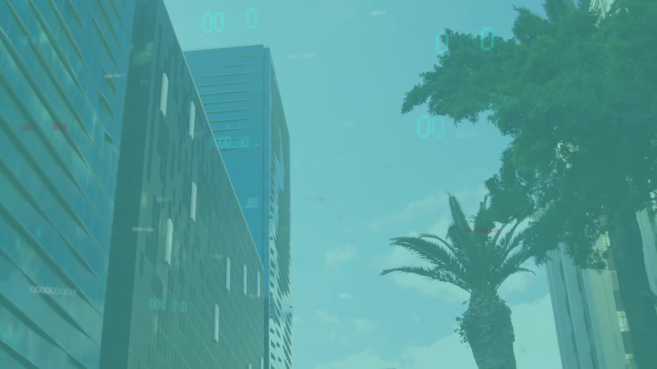 animación del procesamiento de datos financieros sobre el paisaje urbano