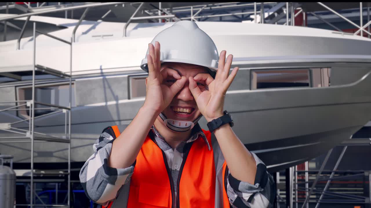 Close Up Insinyur Pria Asia dengan Helm Keselamatan Menunjukkan Tanda Tangan Ok di Atas Mata dan Tersenyum ke Kamera Sambil Berdiri dengan Konstruksi Kapal Pesiar di Galangan Kapal Modern