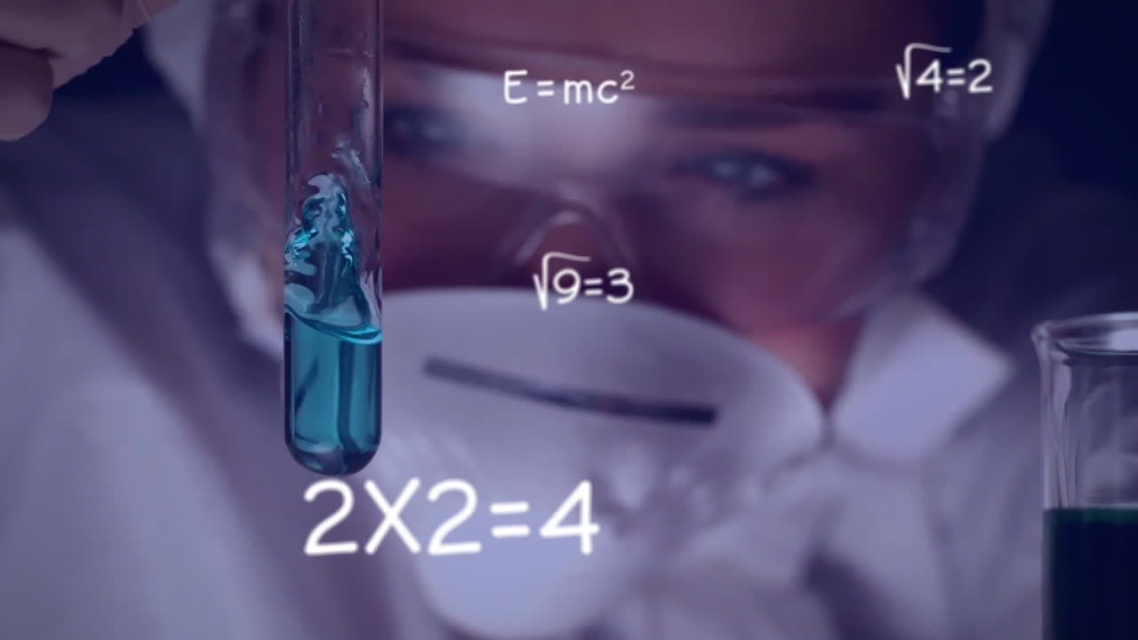 animación de procesamiento de datos científicos sobre una científica caucásica con un tubo de ensayo