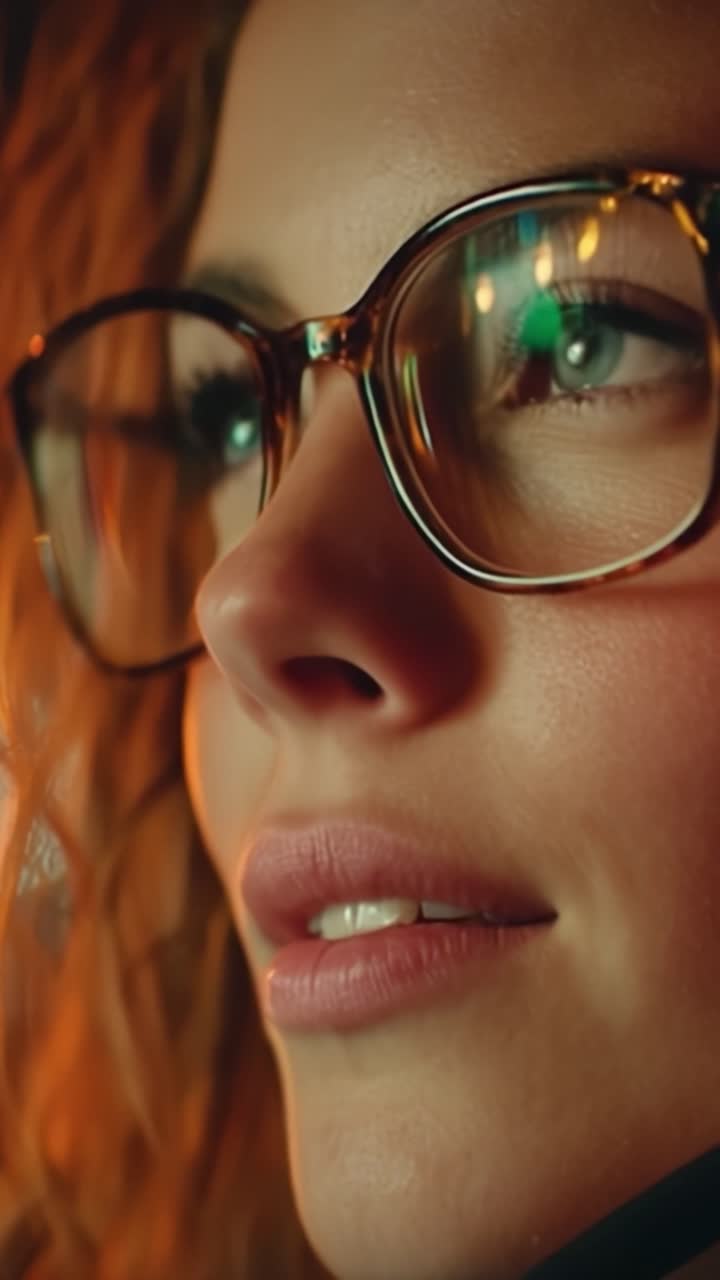 Close-Up Portrait of a Woman with Glasses, Capturing Intricate Details of Expression and Reflections in Her Eyes, Set Against a Softly Lit Background