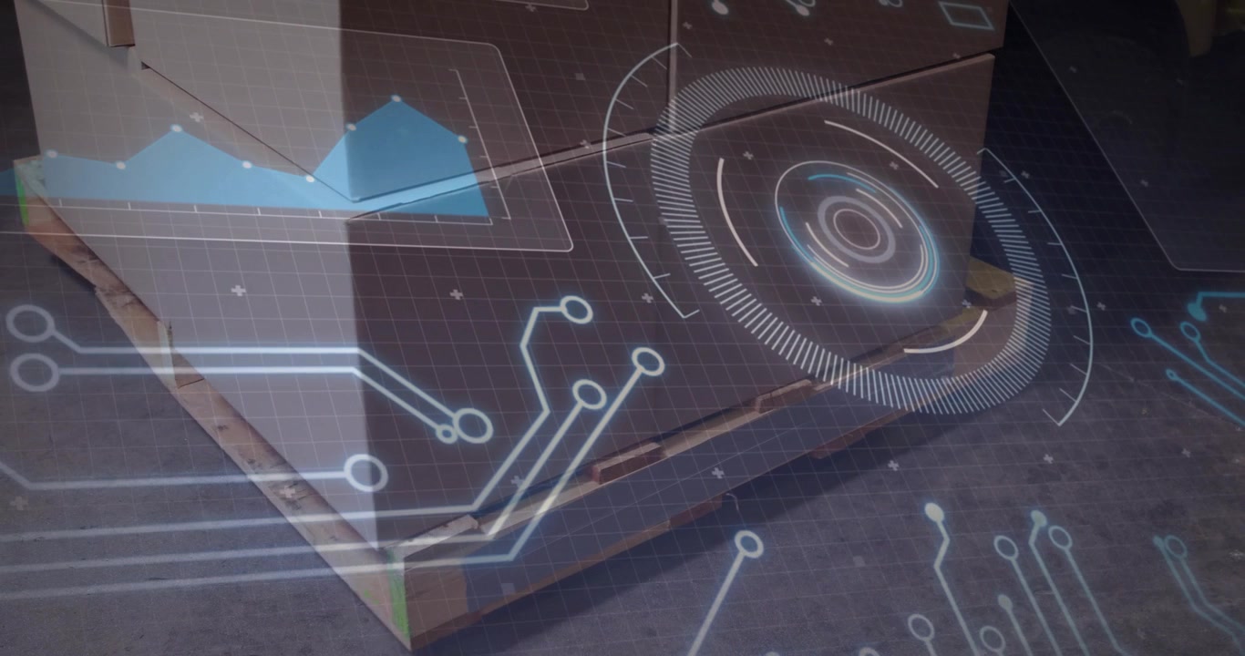 On HUD emerging over pallet scanning boxes, pulsing graph and expanding circuit for analysis