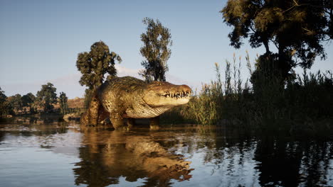 Large crocodile basking by the waters edge in a lush landscape