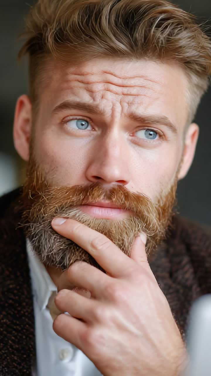 Uomo pensieroso con la barba che contempla idee, esprimendo profonda emozione e curiosità con intensi occhi azzurri e capelli curati in un ambiente accogliente