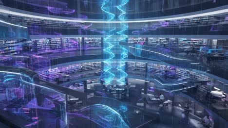 futuristic library with holographic display