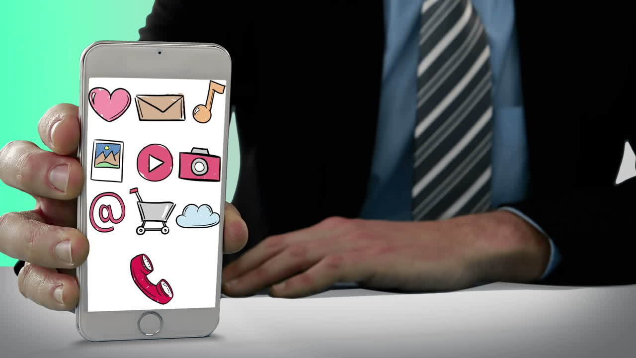 휴대전화에서 디지털로 생성된 아이콘을 보여주는 손