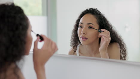 woman, morning and mascara with cosmetics