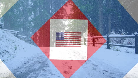 animation of flag of america and red, white and blue squares over forest in winter