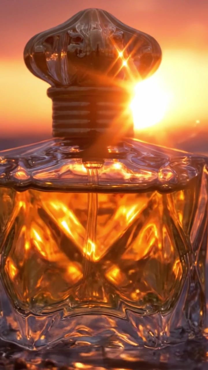 Un'affascinante boccetta di profumo che luccica nel tenue bagliore del tramonto, mettendo in mostra le calde tonalità del profumo liquido all'interno del suo elegante design in vetro.