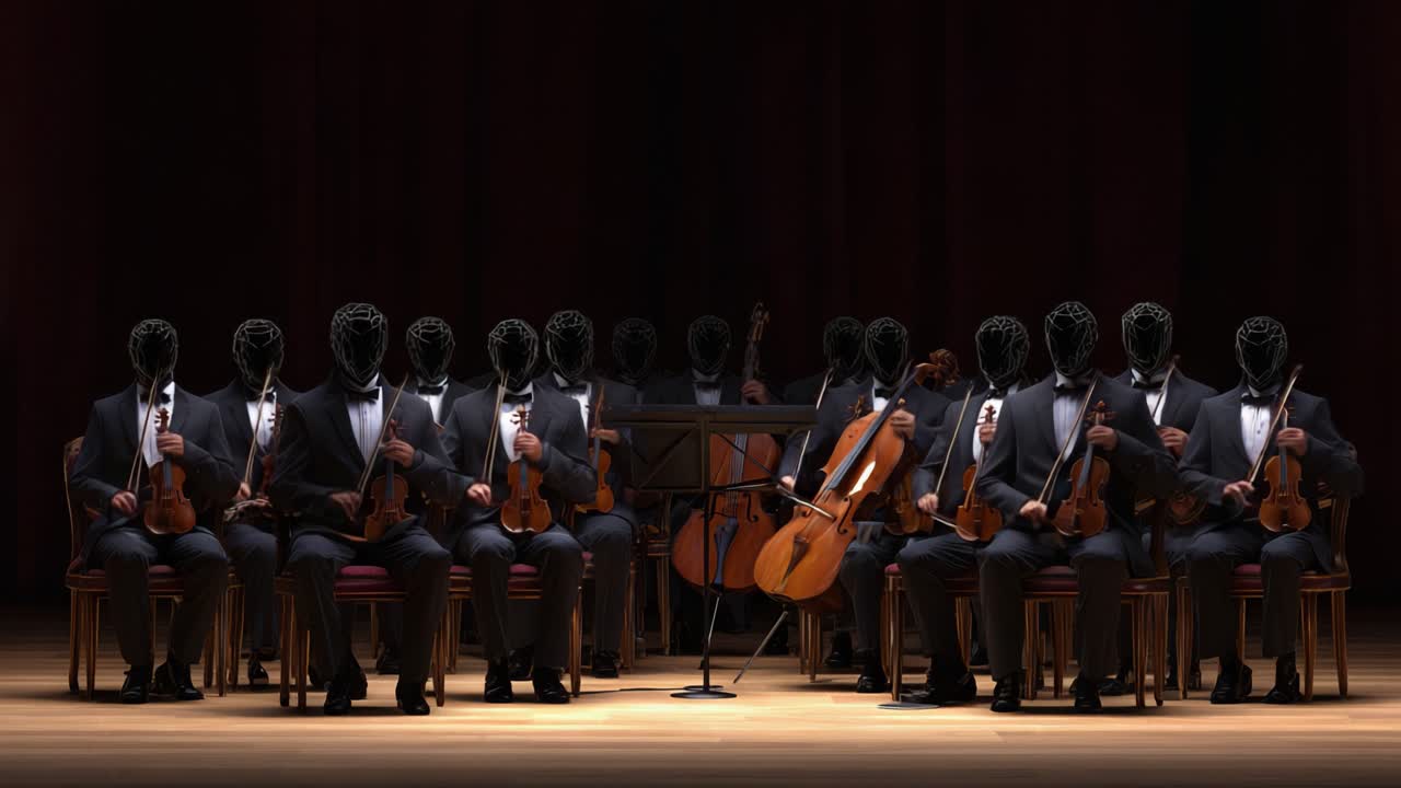 En mystisk orkesterforestilling med maskerte musikere i formell antrekk som spiller strykeinstrumenter på en storslått scene, fanger publikums oppmerksomhet