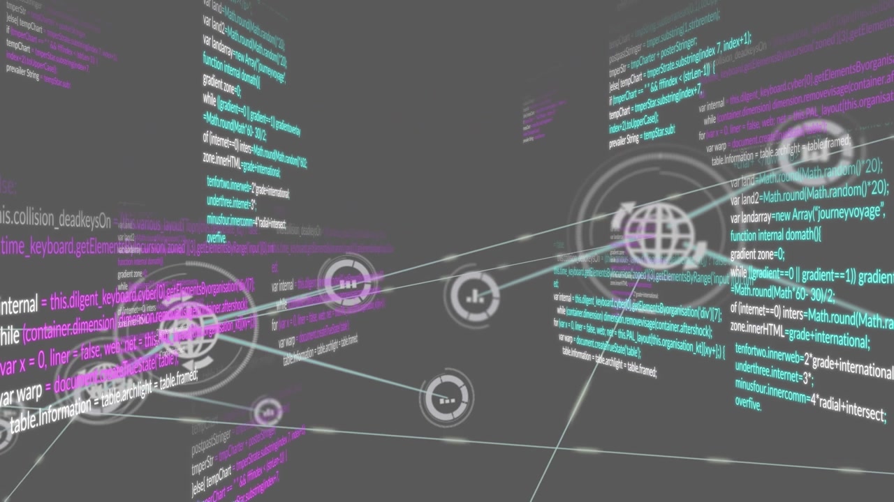 Animasjon av tilkoblede ikoner og flerfarget dataspråk over svart bakgrunn